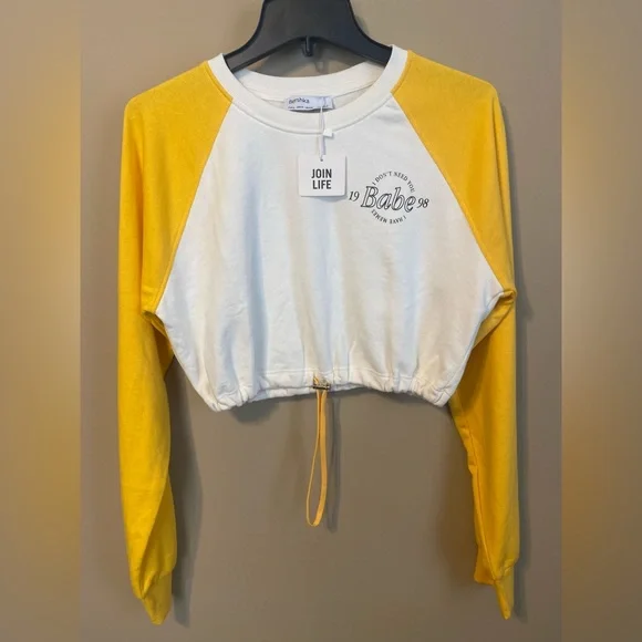 Bershka Zara yellow/white cropped sweatshirt size small - Picture 3 of 10